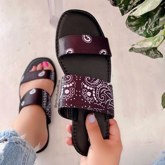 Black Bandana Double Strap Slides Sandals - Picture 1 of 4